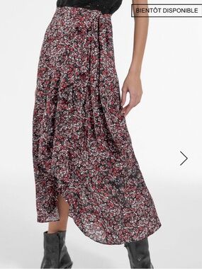 The Kooples Red and Black Floral Ruffle Maxi Skirt